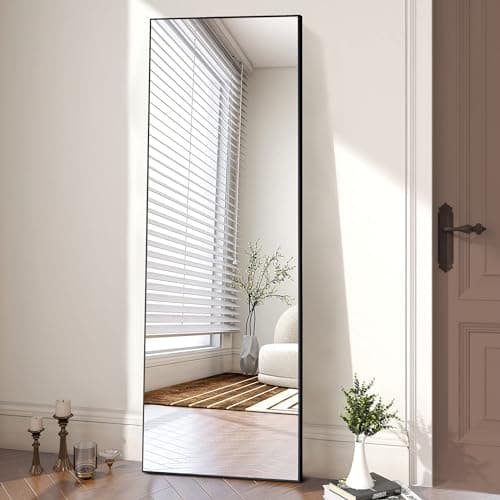 OLIXIS Full Length Mirror with Stand, Full Length Mirror for Bedroom, Cloakroom, Living Room, Aluminum Alloy Thin Frame, 64"x21" Large, Floor Standing Tall, Black