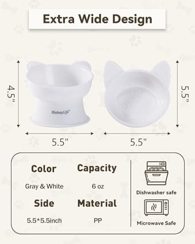 MateeyLife Elevated Cat Bowls, 2P Raised Food and Water Bowl Set for Indoor Cats & Small Dogs, Whisker Fatigue Cat Bowl, Anti Vomit Feeding Pet Bowls, 6 oz Each, Dishwasher Safe - White & Grey 6