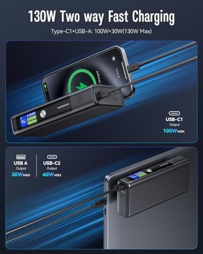 POWERΛDD PRO 130W Power Bank, 18400mAh Laptop Portable Charger, 3-Port USB C PD Battery Pack, Extenal Smart Digital Display, Compatible with iPhone16/15/14/13, Samsung, iPad, MacBook, Laptop etc. 7