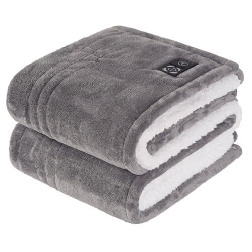 Sealy Heated Blanket Throw with Built-in Button Controller, Reversible Flannel to Sherpa Electric Blanket with 2-10 Hours Auto-Off & 4 Heating Levels, Over-Heat Protection, 50x60 inch, Light Grey