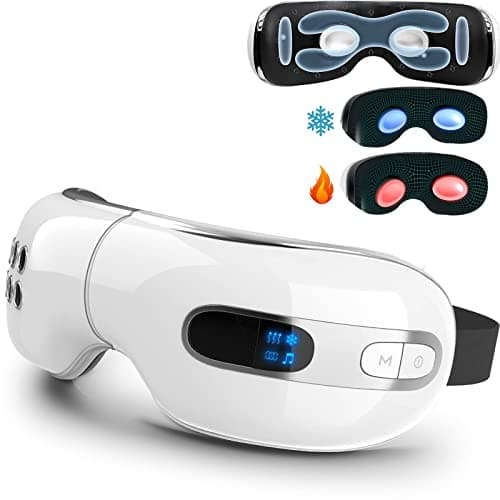 fmlave Eye Massager with Heat and Cooling for Migraines, Dry Eyes, Dark Circles, Rechargeable Bluetooth Music Cold Heated Eye Massager Improve Sleeping - Gifts for Women and Men (White)