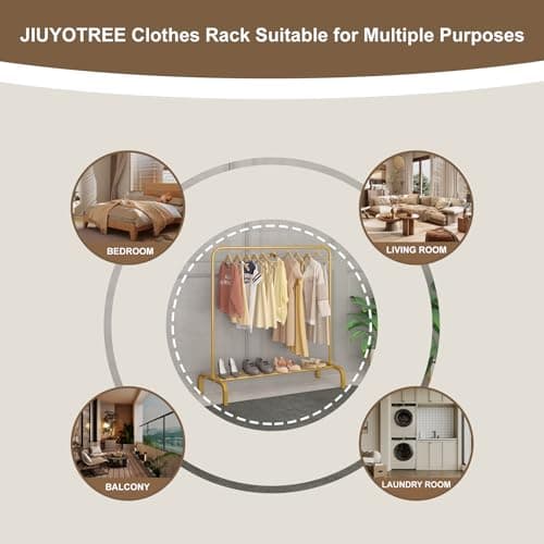 JIUYOTREE Metal 43.3 Inches Garment Rack with Bottom Shelf Clothing Rack for Hanging Clothes Coats Skirts Shirts Sweaters Gold 5
