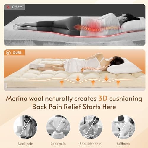 Luxury 100% Organic Wool Mattress Topper Made from Australian Merino,1500GSM Breathable Pillow Top Mattress Pad Queen Size with 100% Organic Cotton Cover - 60"x80" 7