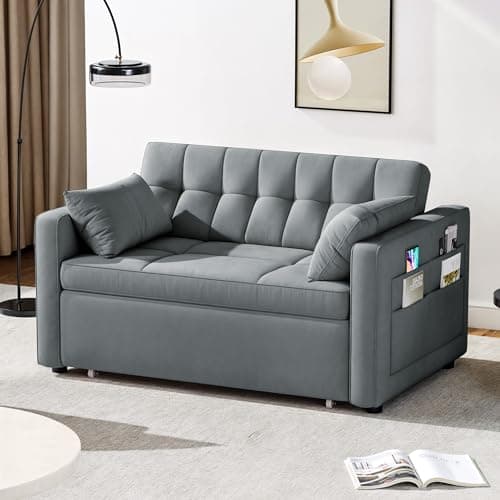 DWVO 55" Futon Couch, 3-in-1 Futon Sleeper with Pull-Out Bed, Convertible Sofa Bed with Adjustable Backrest and Side Pocket, Modern Loveseat Sleeper for Living Room, Grey Velvet, Full Size 8