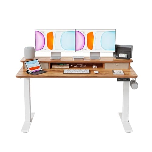 BANTI 55x24 Inch Electric Standing Desk with Dual Drawers, Height Adjustable Stand Up Table, Sit Stand Home Office Desk with Storage Shelf, White Frame/Light Rustic Brown Top
