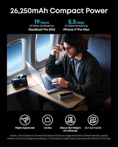 Anker Prime Power Bank, 26,250mAh 3-Port Portable Charger with 300W Max Output, Two-Way Charging, TSA-Approved, App Control, for MacBook, iPhone 17/16 Series, and More (Base Not Included) 5