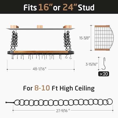 KES 48 Inch Large Hanging Pot Rack Ceiling Mount with 130lb High-Capacity, Ceiling Pot and Pan Hanging Rack with 20 Hooks, Heavy Duty Pot Hangers for Kitchen, Matte Black, KUR530S122-BK 5