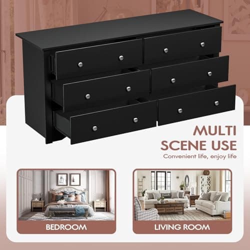 Shahoo Wood Dresser for Bedroom, Wide Chest of Drawers with 6 Drawers,Storage Tower Unit, Modern Closet Store Organizer for Living Room, Hallway (Black) 6