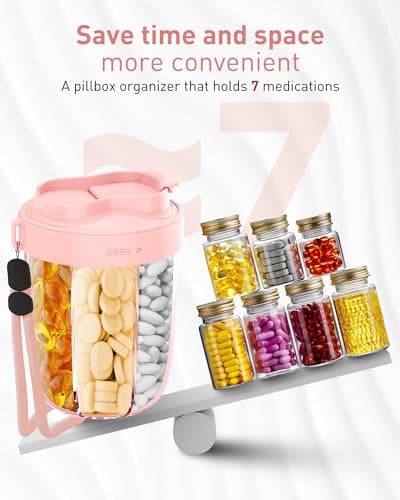 Large Pill Organizer,Supplement Organizer for 7 Different Vitamins,Pill Dispenser with Anti-Mixing Design,Easy to Retrieve Meds,Includes 20 Pcs Labels,Travel Pill Organizer(Pink) 5