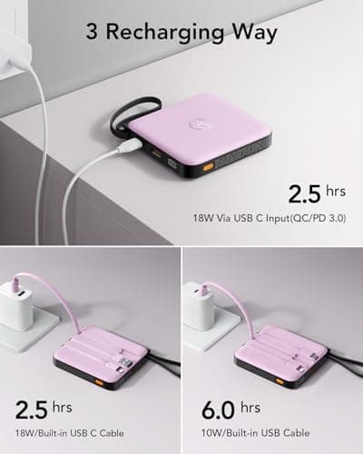 VRURC Portable Charger with Built-in Cable, 10000mAh Power Bank, 22.5W/PD20W Fast Charging USB C Battery Pack for iPhone 16 15 14 Samsung Galaxy S25 S24 S23 S22 Android Airpods, Purple(1 Pack) 8