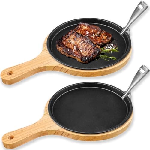 Mimorou 2 Sets Cast Iron Fajita Plate Set 9.45'' Fajita Plate Pan with Wooden Tray Anti Scald Protection Handle Cast Iron Skillet Set for Restaurant Home BBQ Party Restaurant