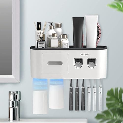 BHeadCat Toothbrush Holders Wall Mounted, Toothbrush Holder with Automatic Toothpaste Dispensers, 6 Brush Slots, 2 Magnetic Cups,1 Cosmetic Drawer Organizer and 1 Large Storage Tray