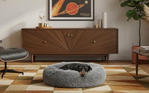 The Dog’s Bed Calming Donut Dog Bed, Plush Faux Fur Round Cuddler Nest, One-Piece Design (No Zip), Raised Bolster – Grey, Small 23" 7