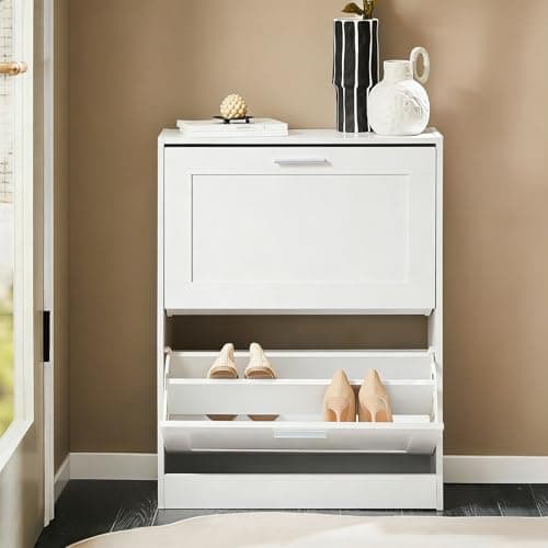Haotian Shoe Cabinet Storage for Entryway, Slim Shoe Rack Freestanding, Narrow Shoe Organizer 2 Flip-Drawers for Front Door Entrance Hallway, White, FSR137-W