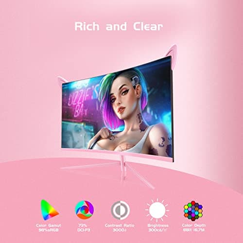 FYHXele FY27QHP Pink Monitor 27 Inch Curved Gaming 165Hz - Support 144Hz 1800R 1ms QHD 2560 x 1440P VA Screen, Built-in Speakers, AMD Free-Sync, HDMI, DP, USB, AUX, Tilt Adjustable 5