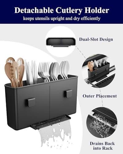 Kitsure Dish Drying Rack - Multi-Functional Dish Rack for Kitchen Counter with Cutlery Holder, Rust-Proof Storage Solution with Rotatable, 15.7" x 12.0" x 5.5", Black 6