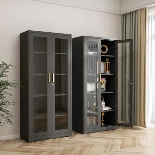 Glass Display Cabinet, 71" Tall Metal Curio Cabinet with Glass Doors, Black Display Case, Storage Cabinets with 4 Adjustable Shelves, Locking Storage Cases for Hallway, Kitchen, Living Room 9