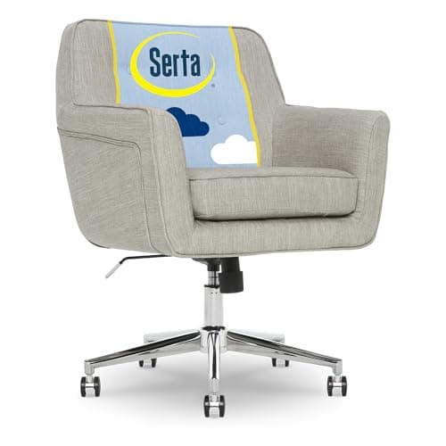 Serta Ashland Home Office Desk Chair with Button Tufted Mid-Back, Memory Foam Cushion and Padded Arms, Mid Century Modern Vanity Armchair with Wheels for Bedroom, Chrome Metal Base, Light Gray