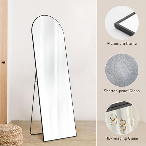 OLIXIS Arched Full Length Mirror with Stand, Full Length Mirror for Bedroom, Cloakroom, Living Room, Aluminum Alloy Thin Frame, 64"x21" Large, Floor Standing Tall, Black 8
