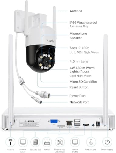 ZOSI 2K Wireless Security Camera System,4pcs 3MP Pan/Tilt Cameras Outdoor Indoor,Night Vision,Spotlight Siren,AI Human Detection,8CH 3MP WiFi Surveillance NVR with 1TB HDD for 24/7 Recording 8