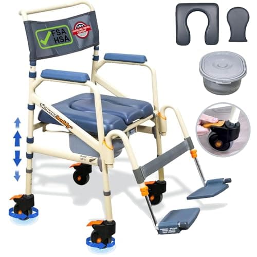 SolutionBased - - Lightweight Aluminum Folding Rolling Shower Chair for Elderly and Disabled - Rolling Commode Shower Wheelchair - Commode - Handicap Shower Chair with Wheels