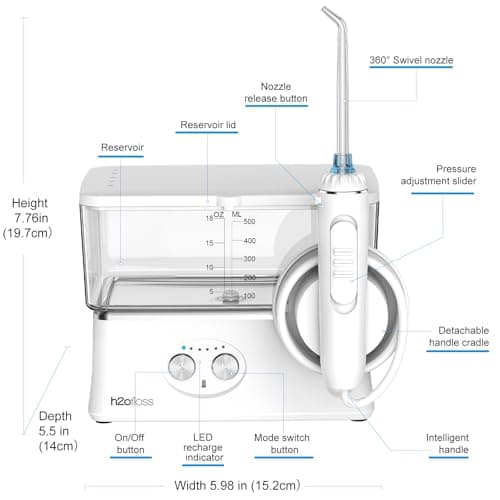 Water Dental Flosser Teeth Pick, H2ofloss 6 Modes Upgrade Portable Cordless Oral Irrigator, Rechargeable 570ML Traveling Waterflosser IPX7 Waterproof Water Dental Picks for Teeth Cleaning White 6