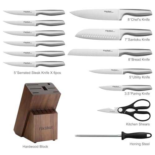 Knife Block Set, Kitchen Knife Sets with Block, FIKSHOT Knives Set - Razor-Sharp Santoku Knives, Fruit and Kitchen Sets - Rust Resistant for Homecooks (Silver + Walnut) 5