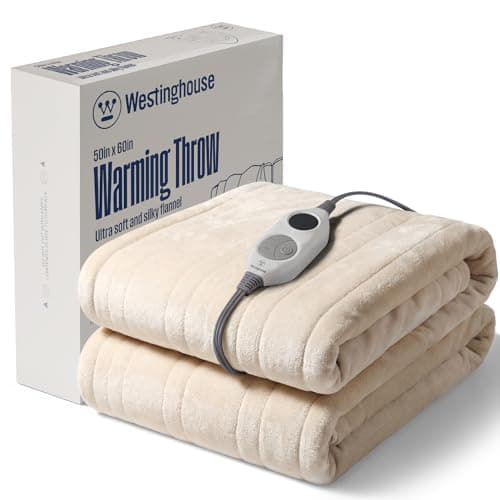 Westinghouse Heated Blanket Throw, Electric With 6 Heating Levels, 2-10 Hours Time Settings, Overheat Protection, Machine Washable, Flannel (50x60 Inches, Beige)