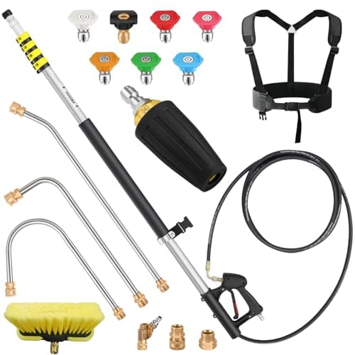 ExtraFein 24FT Telescoping Pressure Washer Extension Wand, Power Washer Extension Wand, Solar Panel Cleaner Pole with Turbo Nozzle, Brush Head, 7 Nozzle Tips, 3 Adapters & Harness