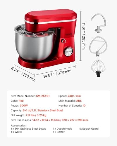 VEVOR Stand Mixer, 6 QT Electric Kitchen Mixer, 300W Dough-Mixer, 10 Speeds Tilt-head Food-Mixer with Stainless Steel Bowl, Dough Hook, Whisk, Beater, for Baking, Mixing, Whipping & Kneading, Red 7