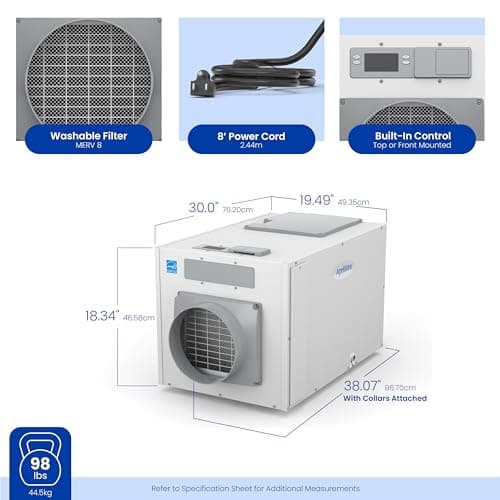 AprilAire E130 Pro 130-Pint Whole-House Dehumidifier + Model 76 Wall Mount Control, Commercial-Grade Whole-Home Dehumidifier for Basement, Crawlspace, or House up to 7,200 sq. ft. 14