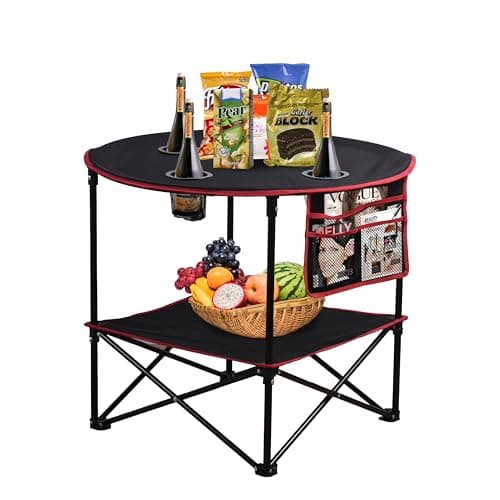 LEADALLWAY Camping Table Folding Picnic Table with 4 Cup Holders and Side Storage Bag Collapsible Canvas Portable Tables Folding with Carry Bags for BBQ Outdoor Fishing