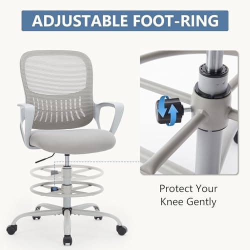 DUMOS Drafting Chair - Ergonomic Tall Office for Standing Desk, Counter with Height Adjustable and Comfortable Lumbar Support, Fixed Armrests, Grey 9