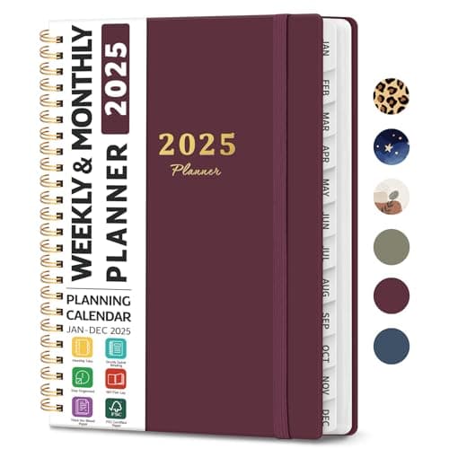 2025 Planner - Weekly and Monthly Planner, January 2025 to December 2025, Spiral Bound 2025 Calendar Planner Book, Inner Pocket, Perfect for Office Home School Supplies - A5 (6.3" x 8.5"), Wine Red