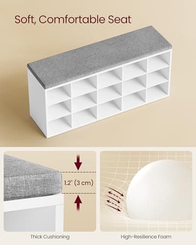 VASAGLE CUSTOS Collection - Shoe Bench, Storage Bench with Padded Seat, Entryway Bench with 15 Compartments, for Bedroom, 11.8 x 41.3 x 18.9 Inches, Cloud White and Dove Gray ULHS15WT 6