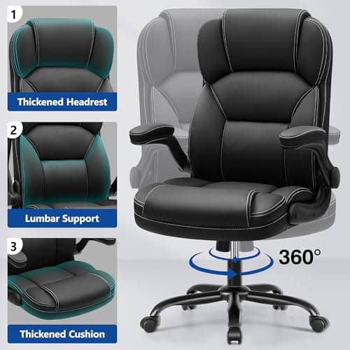PU Leather Executive Office Chair, Ergonomic High-Back Computer & Gaming Chair with Adjustable Height, Rolling Swivel & Flip-Up Armrests, Comfy Padded Seat for Home Office-Black 7