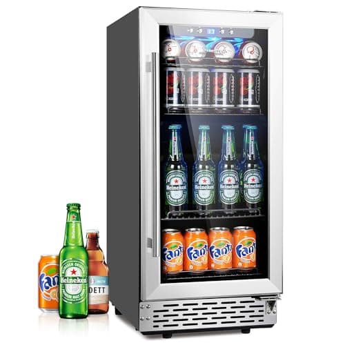 Beverage Refrigerator, Phiestina15 Inch 96 Cans Beverage Cooler Small Wine Fridge Built-in or Freestanding with Auto Defrost,Glass Door & Removable Shelves for Drink Sodas Beer Wine