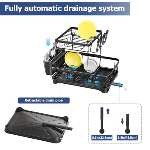arshray Dish Drying Rack 2-Tier Dish Racks for Kitchen Counter, Adjustable Spout Auto-Draining Dish Rack, Large Capacity for Plates, Bowls, Cups, Tableware，Dish Drainer with Drainboard,Black 6