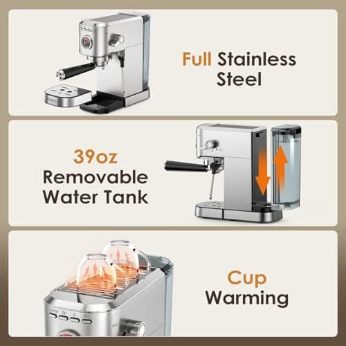 Spacekey Espresso Machine 20 Bar, Professional 1350W Espresso Maker with Milk Frother, Compact Stainless Steel Cappuccino & Latte & Americano Maker with 39oz Removable Water Tank, Silver 6