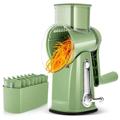 SUSTEAS Rotary Cheese Grater with Handle - Vegetable Shredder with 5 Well-designed Blades & Strong Suction Base,Round Mandoline Slicer & Food Chopper for Kitchen,with Blade Storage Box(Retro Green)