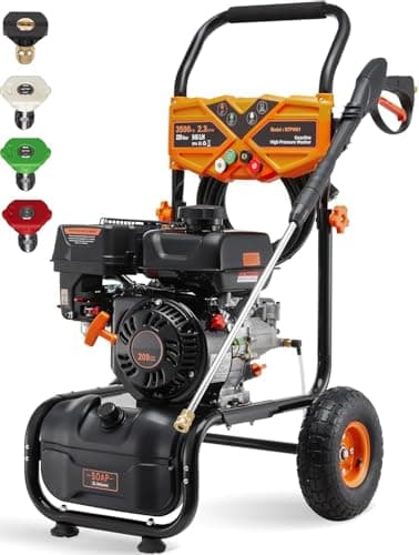 Portable Pressure Washer Gas Powered 3500 PSI 2.3 GPM, 209CC Engine Gas Pressure Washer with 25FT Hose & 4 Quick-Connect Multi-Angle Nozzle, Cordless Pressure Washer for Outdoor Cleaning（Orange）