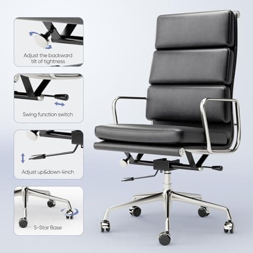 Genuine Leather Office Chair, Padded Executive Desk Chair with Arms and Wheels, Modern Rolling Leather Desk Chair with Lumbar Support, Ergonomic Chair with Aluminum Arms and Base Black 7