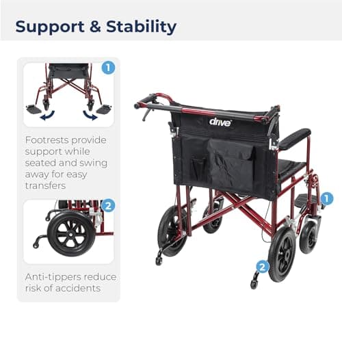 Drive Medical Bariatric Transport Chair FoldingOutdoorFull Length Arms with 12 Inches Rear Flat Free Wheels, Red, 22 Inches 5