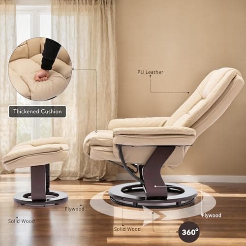 Argus Swivel Recliner with Ottoman, PU Leather & Wood Base Reclining Chair with Footrest, Ultra-Plush Double Foam for Living Room, Bedroom and Office, Set of 1 6