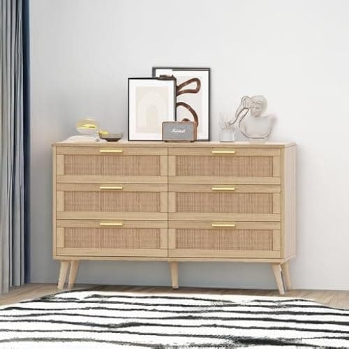 Rovaurx Rattan 6 Drawer Double Dresser for Bedroom, 47.2" Wide Boho Chest of Drawers, Modern Wooden Dresser Chest with Golden Handles, Beside Table for Closet, Living Room and Entryway, Natural Oak 6