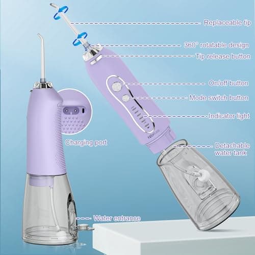 Water Dental Flosser Teeth Pick, H2ofloss Cordless Portable Oral Irrigator 300ML Rechargeable Travel Irrigation Cleaner IPX7 Waterproof WaterFlosser for Home Travel Lavender 5