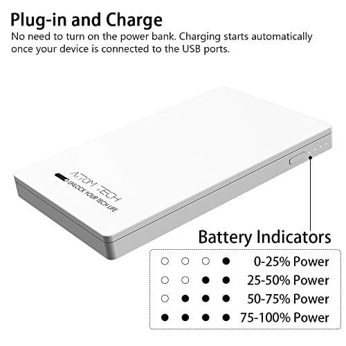 Attom Tech Dual USB Output Super Slim Power Bank Ultra Thin, 3000mAh Portable Charger Mini External Phone Battery Pack Small Dual Outlet, Emergency Phone Power Backup (White) 3