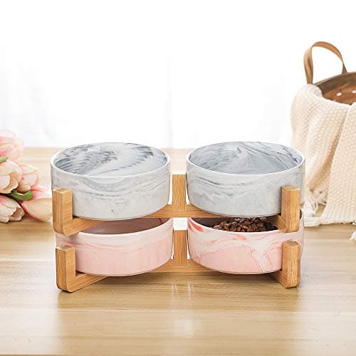 Marble Pink Ceramic Cat Dog Bowl Dish with Wood Stand No Spill Pet Food Water Feeder Cats Small Dogs Set of 2 7