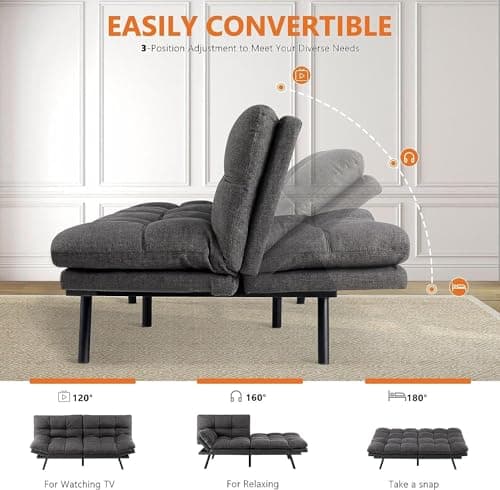 Sweetcrispy Sofa Couch, Futon Sofa Bed, Loveseat Sleeper Futon for Living Room, Foldable Memory Foam Furniture, Convertible Full Size Sofa, Adjustable Backrest and Armrests, Linen, Grey 3