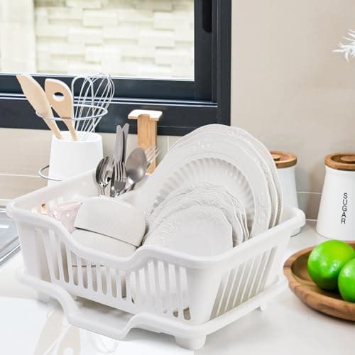 Noamus 2-Piece Plastic Dish Drying Rack, Heavy Duty Sink Set Dish Rack, White Large Drainer with Attached Drainboard Utensil Cup Holders for Home Kitchen Counter Top Organizers 7